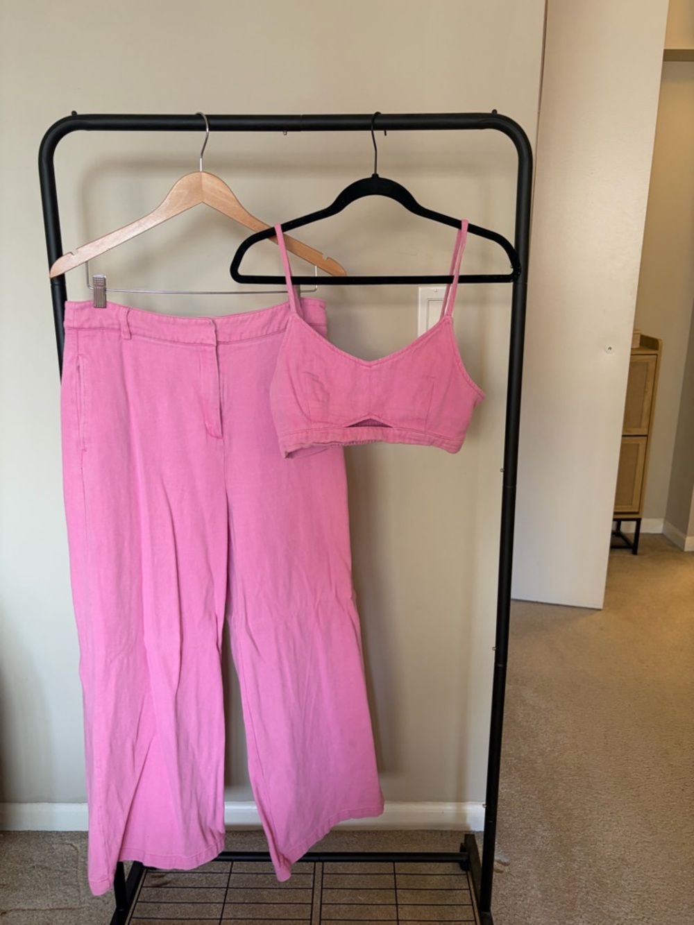 Pink Wide-Leg Pants & Crop Top Set